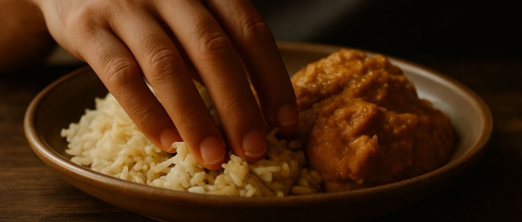Manger avec les doigts assiette de riz et sauce.
