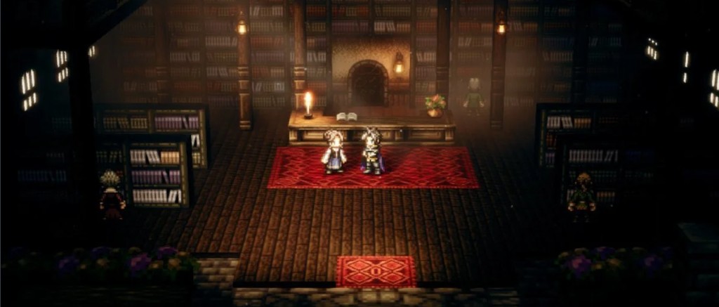 Octopath Traveler, Cyrus Albright dans la bibliothèque en HD2D.